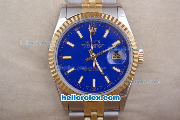 Rolex Datejust Oyster Perpetual Automatic Gold Bezel with Blue Dial and Linear Marking-Small Calendar - Click Image to Close